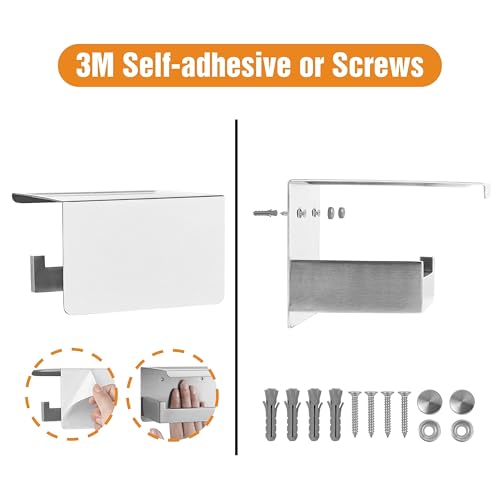 HITSLAM Brushed Nickel Silver Toilet Paper Holder, Stick on Silver Toilet Paper Holder with Shelf, Self Adhesive No Drill or Wall-Mount with Screws for Bathroom - color: Brushed Nickel, size: Medium