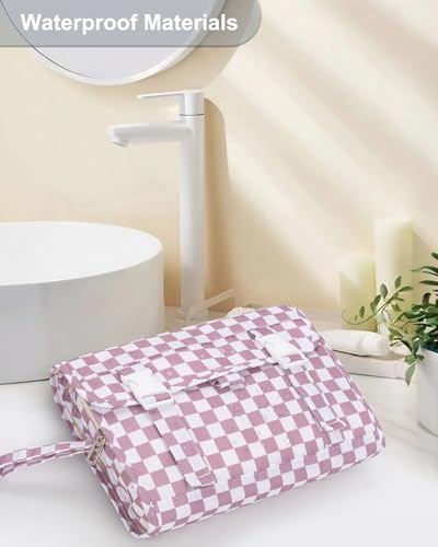 Relavel Hanging Toiletry Bag, Travel Toiletries Bag with Hanging Hook, Water Resistant Makeup Cosmetic Organizer for Full Sized Container, Shampoo, Portable Wash Bag for Essentials - Purple - color: 02 Checkboard Purple, size: Large