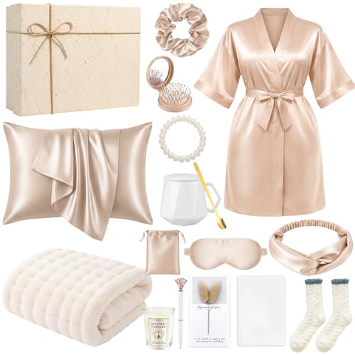 Twistover 16 Pcs Birthday Gifts for Women: Luxury Robe & Blanket Spa Gift Basket for Women -scented Candle, Mug, Notebook, Pillowcase & Spa Accessories(Champagne) - color: Champagne