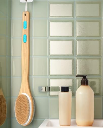 Back Scrubber for Shower, Long Handle Dual-Sided Shower Brush with Soft and Stiff Bristles, Body Exfoliator