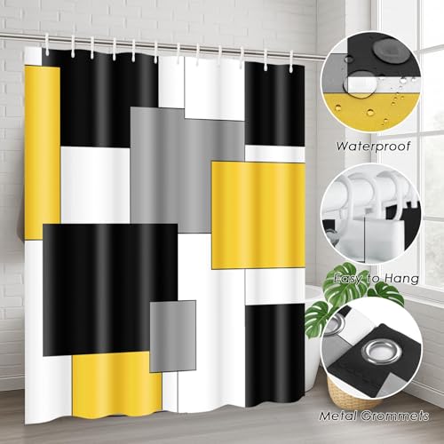 Yellow Geometric Shower Curtain Set with Toilet Lid Cover and Non-Slip Rugs for Bathroom, Black White Grey Checkered 4 Pcs Shower Curtain, Modern Abstract Bathroom Set with 12 Hooks - color: Abstract Geometric Yellow