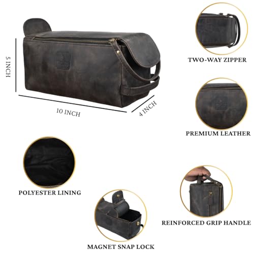 Full Grain Leather Toiletry Bag for Men & Women – Water-Resistant Travel Shaving Kit Organizer with YKK Zipper, Spacious Bathroom Grooming & Cosmetic Storage Case - Chalkboard Grey - color: Charcoal Grey
