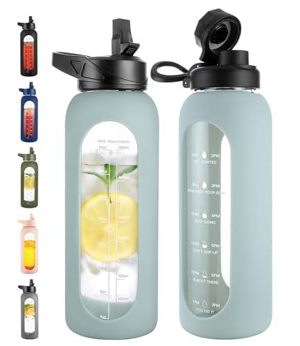 CIVAGO 40 oz Glass Water Bottle with Straw and Handle, Large Sports Motivational Water Bottle Flask with Time Marker and 2 Lids, Leakproof Water Jug Canteen with Silicone Sleeve for Gym, Sage - color: .Sage, size: 40 Ounces