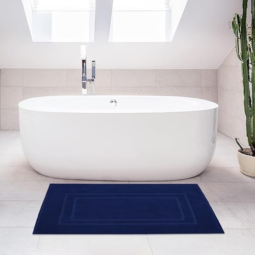 Feather & Stitch 2 Piece Towel Like Bath Mats (30x21 Inch) 100% Cotton Terry Bath Mats, Bathroom Shower Floor Mats [NOT A Bathroom Rug], Soft Absorbent Washable Mats - Navy Blue - color: Navy Blue