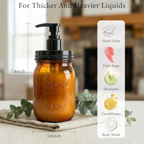Amolliar Plastic Mason Jar Soap Dispenser with Pump Lid,16OZ Refillable Hand Soap Dispenser Set with Cute Lables - Farmhouse Decor for Kitchen Bathroom, Liquid Soap, Dish Soap, Lotion (2 Pack, Amber) - color: Amber Jar With Black Pump