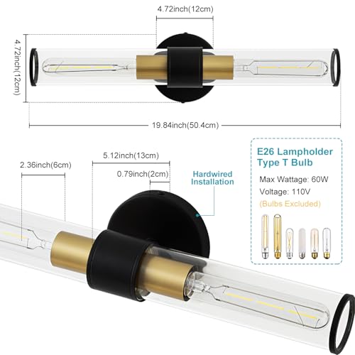 Hardwired Black Gold Vanity Light Clear Glass Wall Sconce | Up & Down Bidirectional Lighting, Damp Rated For Bathrooms, Dimmable, Rustproof Metal, 5-Year Manufacturer Warranty - color: Black Gold-A