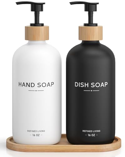 Hand and Dish Soap Dispenser Set,16oz Glass Bottles with Bamboo Pumps & Tray,Countertop Soap Dispensers for Kitchen,Luxury, Minimalist & Farmhouse Decor - color: Hand Dish (Black/White)