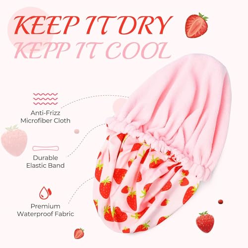 Shower Cap for Women Terry Lined Bath Cap Large Reusable Waterproof Elastic Band Pink Shower Caps for Long Thick Hair Soft Bath Shower Hair Caps - color: PINK STRAWBERRIES