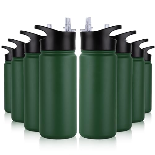 16 oz Insulated Water Bottle Bulk 8 Pack, Straw & Spout Lid, Keep Cold 24H, Spill Proof, BPA-Free, Double Wall, Stainless Steel Kids Water Bottles for School, Sports, Dark Green - color: Dark Green, size: 16 Ounces-8