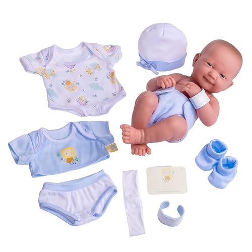 8 piece Layette Baby Doll Gift Set | JC Toys - La Newborn Nursery | 14" Life-Like Smiling Doll w/ Accessories | Blue | Ages 2+ - color: Smiling Blue