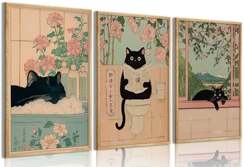 3Pcs Funny Bathroom Cat Wall Art Japanese Funny Black Cat in Bathtub Pictures Wall Decor Paintings Bathroom Animal Aesthetic Posters Prints Artwork for Bedroom Restroom Spa Room Home Decoration - color: Funny Cat, size: 10L" x 8W"Poster