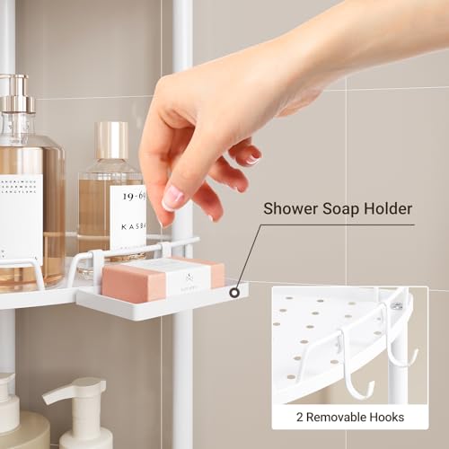 ELYKEN Corner Shower Caddy Standing, 4 Tier Rustproof Metal Shower Organizer with Soap Holder, Floor Shower Corner Shelf Rack Storage Stands with Adjustable Feet & 2 Hooks for Bathroom, White - color: White, size: 4 Tier