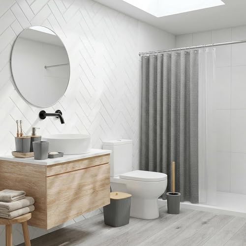 Bathroom Accessory Set 7 Pcs, Plastic Bathroom Set with Bamboo Cover Include Soap Dish, Toothbrush Holder, Mousewash Cup, Shower Curtain Set, Soap Dispenser, Trash Can & Toilet Brush - color: Grey, size: 7pack