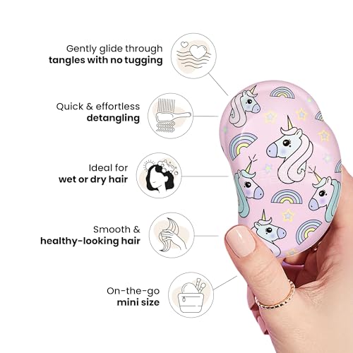 Tangle Teezer Original Detangler Mini Hair Brush for Kids, Unicorn Magic | Travel-size detangling hair brush, gentle on tender scalps; detangles wet or dry hair with no tugging, great for kids - color: Unicorn Magic, size: Mini