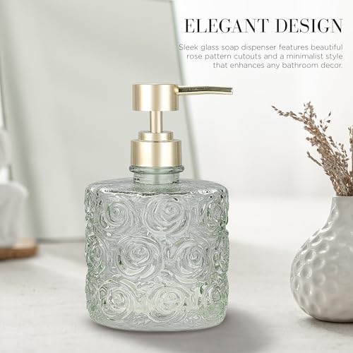 Marcella Glass Soap Dispenser with Soap Pump, Refillable 14 Ounce Capacity, Floral Design Rose Patterns, Heavy Weight Thick Glass for Bathroom, Premium Kitchen Soap Dispenser Reseda Sage - color: Reseda Sage