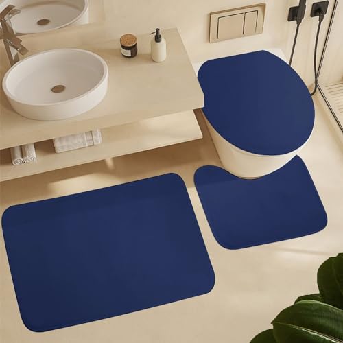 Bathroom Rugs Set 3 Piece Minimalist Solid Navy Blue Bath Rug Mat Set, Non Slip Absorbent Bathroom Decor Mat, Toilet Lid Cover & U Shaped Contour Rug - color: Navy Blue, size: 1'8" x 2'6" (Rectangular)