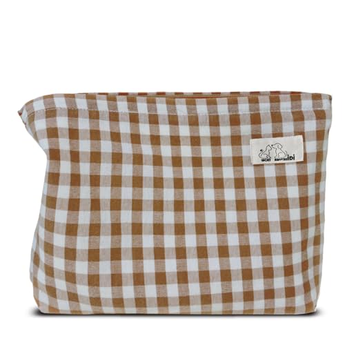 HAPPYHEIDI Khaki Gingham Cotton Makeup Bag Cosmetic Travel Pouch with Bottom, Make Up Purse Organizer, Zipper Closure, Canvas Lined… - color: SX427 Khaki Gingham Cotton