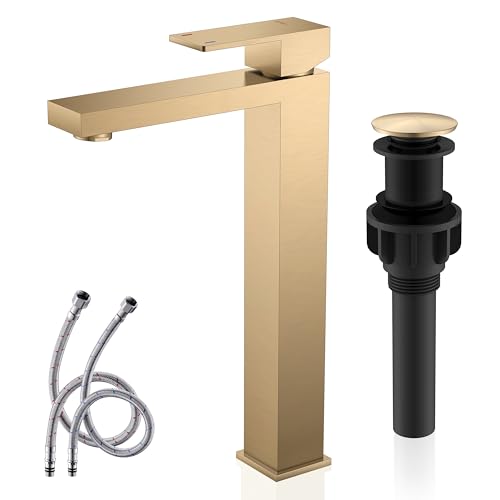 KENES Champagne Bronze Vessel Sink Faucet, Single Handle Tall Bathroom Faucet Single Hole, Bathroom Vanity Faucet with Pop Up Drain and Supply Lines, LJ-9031A-CB - color: Champagne Bronze, size: Tall