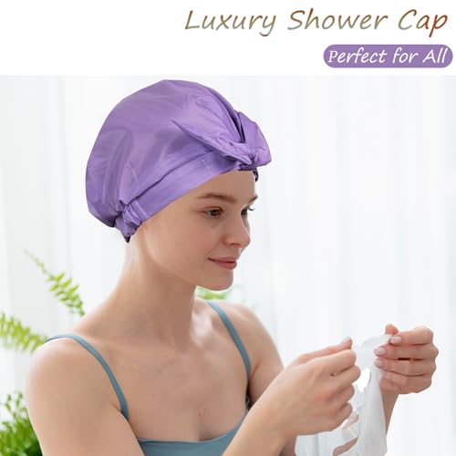 Shower Cap for Women Reusable Waterproof, Large Satin Shower Bonnet, Washable Bath Hat for Long Hair, Braids, Curly Hair, Black+Purple - color: Black + Purple