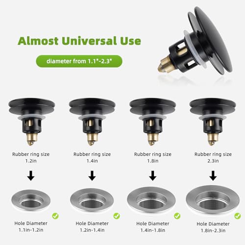 Universal Bathroom Sink Drain Stopper Strainer, Big Cover, Matte Black | 2 in 1 Pop Up Sink Stopper for 1.1''~2.36'' Sink Basin Hole, Hair Catcher with Removable Stainless Steel Filter Basket - color: Matte Black