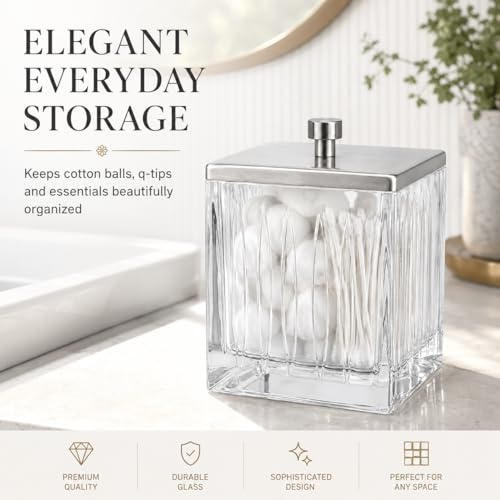 Vince Camuto Home Glass Cotton Jar Holder – Nickel Lid, Elegant Bathroom Storage Canister for Qtips, Cotton Balls, Floss, Makeup Organizer, Vanity & Bathroom Organization - color: CLEAR GLASS NICKEL LID