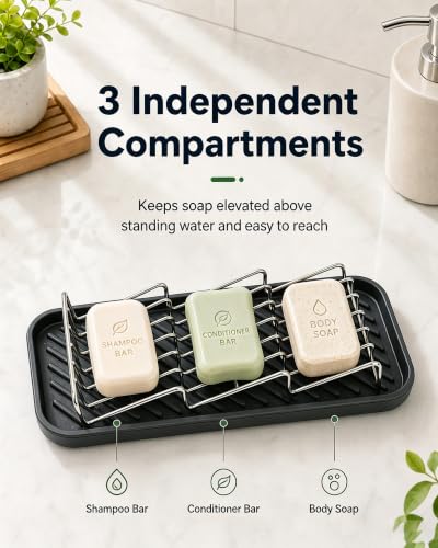 OZNER 304 Stainless Steel 3 Bar Soap Holder, Self Draining Soap Dish for Shower, Shampoo Bar Holder with Detachable Silicone Tray, Rust Proof Soap Saver for Bathroom Sink & Kitchen - size: L(9.25"*3.7)