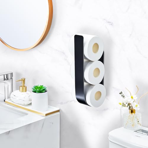 Toilet Paper Storage Wall Mount, Over The Tank Extra Toilet Paper Holder for 3 Rolls Tissue, Metal Tissue Roll Storage Stand for Bathroom, RV Adhesive Loo Roll Holder (Black) - color: Black