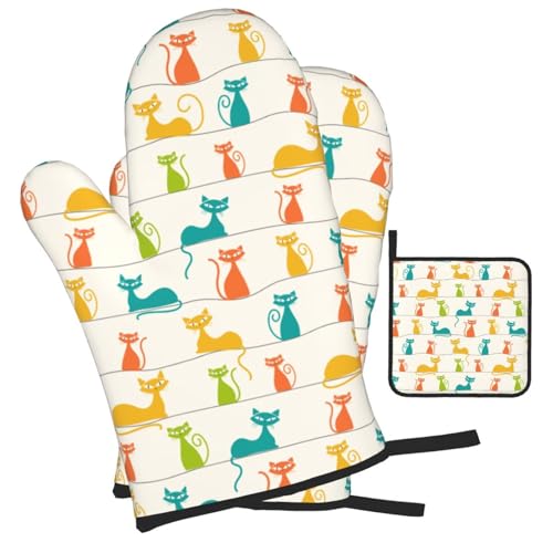 Mid Century Modern Cats Oven Mitts and Pot Holders Set Heat Resistant Cute Oven Gloves for BBQ Baking Grilling Cooks Kitchen Decor 3 Piece - color: Modern Cats
