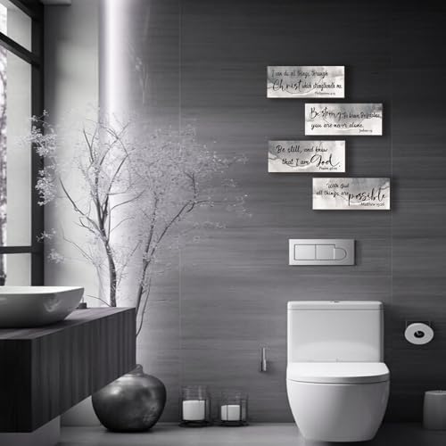 4 Pcs Black Silver Bathroom Decor Christian Wall Art Abstract Bible Verse Wall Decor Rustic Inspirational Wood Bathroom Accessories For Bedroom Kitchen Office(10 x 4 Inches, Silver) - color: Silver