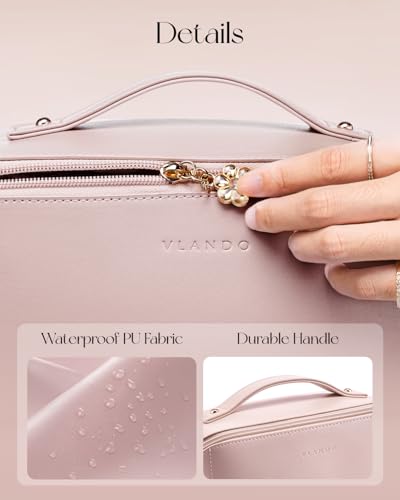 VLANDO Makeup Bag,Travel Toiletry Bag,Cosmetic Bag for Women PU Leather Portable Make up Bag for Skincare, Brushes & Travel Essentials-Pink - color: 04.Pink