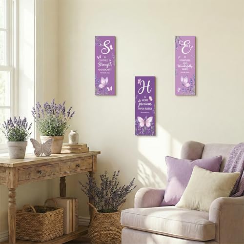 3Pcs Purple Christian Motivational Wooden Wall Decor for Women Purple Butterfly Wall Art Bible Verse Inspirational Home Decor Wooden Signs Religious Housewarming Gifts for Mom Bedroom & Office - style: Purple Christian