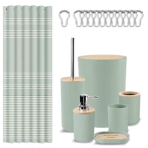 Britimes Bathroom Accessories Sets, Sage Green Shower Curtain Set with Trash Can, Soap Dispenser, Toilet Brush Holder, Toothbrush Holder and Toothbrush Cup for Bathroom Decor (Green) - color: Green