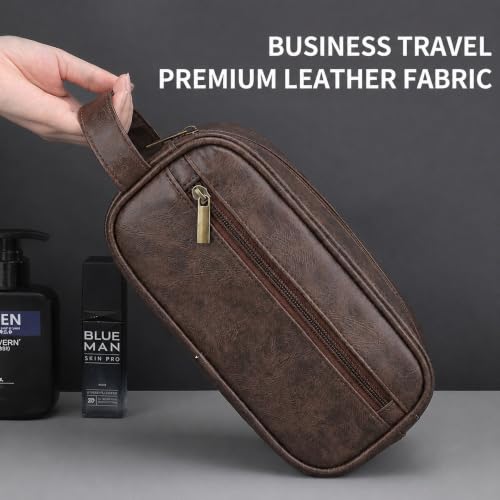 Men's Toiletry Bag, Vintage PU Leather Travel Shaving Case, 9.1" Lightweight Toiletries Organizer Pouch, Premium Grooming Gift for Husband Dad, Khaki (Brown) - color: Brown