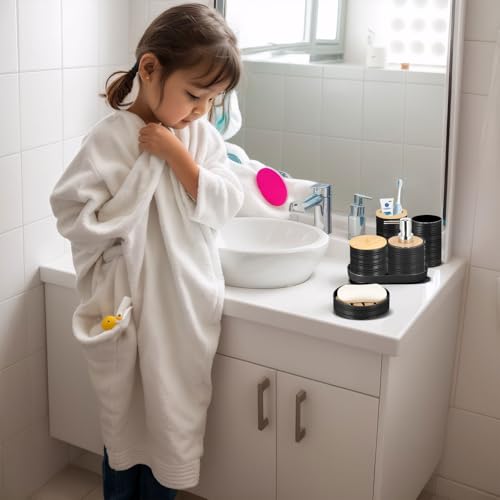 IMAVO Bathroom Accessory Set-11Pcs Black Bathroom Accessories Set with Trash Can,Soap Dispenser,Soap Dish,Toothbrush Holder,Toothbrush Cup,Toilet Brush Holder,Qtip Holder Dispenser with Labels - color: Black, size: 11 PCS Bathroom Set