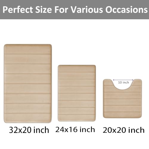 RUN HELIX Memory Foam Bath Mat Set 3 Piece, Soft and Comfortable, Super Water Absorption, Non-Slip, Thick, Machine Wash, Easier to Dry for Bathroom Floor Rug, Beige Toilet Rug Bathroom Set - color: Stripe-beige