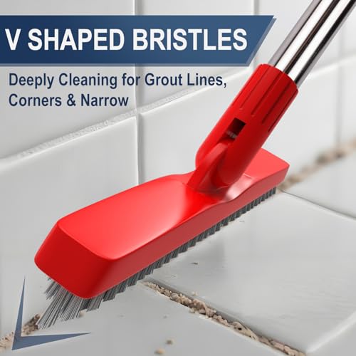 2 Pack Grout Brush with Long Handle, Swivel Cleaning Grout Line Scrubber - Extendable Durable Handle Grout Cleaner Brush for Bathroom,Tile,Baseboard,Walk in Shower,Corner & Narrow Space (Red) - color: Red