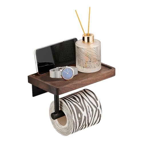 Toilet Paper Holder with Walnut Wood Shelf, Adhesive & Wall Mounted Toilet Paper Roll Holder, Black Stainless Steel Rustproof Toilet Paper Holder for Bathroom, Washroom, RV, Kitchen