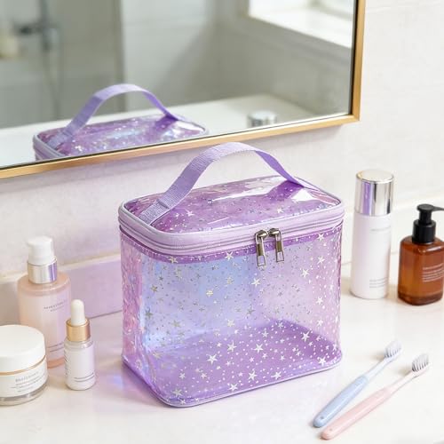 Holographic Star Print Pink Makeup Bag - Portable & Waterproof Barrel-Shaped Toiletry Bag, 8.27x6.7x6.3in Cosmetic Case for Women & Men (Purple Star) - color: Purple Star