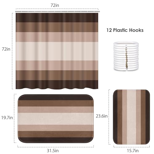 ArtSocket Brown Beige Ombre Bathroom Set with Shower Curtain and Bath Rugs and Accessories,Modern Striped Lines Non-Slip Shower Curtain Set,Bathroom Decor 3 Pcs - color: Brown Striped Ombre
