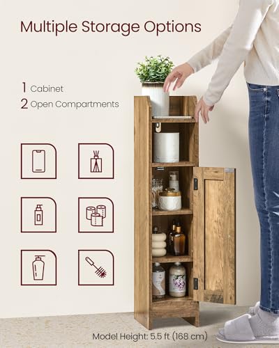 VASAGLE Small Storage Corner Floor Cabinet with Door, 7.9 x 7.1 x 31.5 Inches, Narrow Toilet Paper Storage Holder, Adjustable Shelves, for Bathroom, Living Room, Small Spaces, Honey Brown UBBK310K01 - color: Honey Brown, style: 1door+1open compartment (31