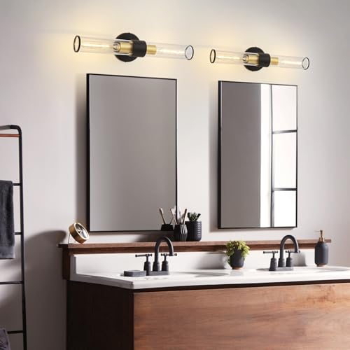 Hardwired Black Gold Vanity Light Clear Glass Wall Sconce | Up & Down Bidirectional Lighting, Damp Rated For Bathrooms, Dimmable, Rustproof Metal, 5-Year Manufacturer Warranty - color: Black Gold-A