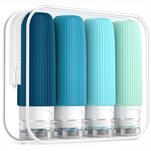 Mrsdry Travel Bottles for Toiletries, Tsa Approved 3oz Portable Travel Bottles, BPA Free Leak Proof Squeezable Silicone Travel Size Containers, Travel Accessories with Clear Toiletry Bag (4 Pack) - color: Blue, size: 3 Ounces