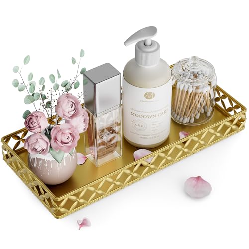 Bathroom Vanity Tray for Countertop - 11" x 4.9" Gold Decorative Tray | Small Metal Rectangle Tray, Non-Slip Bathroom Counter Tray, Bathroom Organizer for Perfume Makeup Cosmetic Jewelry Soap - color: Rectangle Floral-gold
