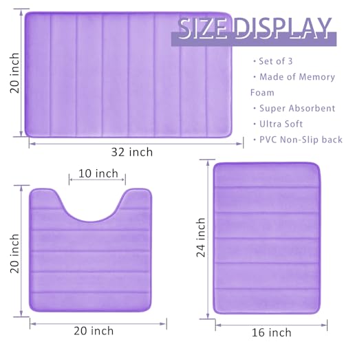 RUN HELIX Lavender Bathroom Rug Set 3 Pieces Ultra Soft, Striped Non Slip Memory Foam Toilet Mat, Absorbent Plush Shaggy Bath Mats for Bathroom, Bedroom, Kitchen - color: Lavender