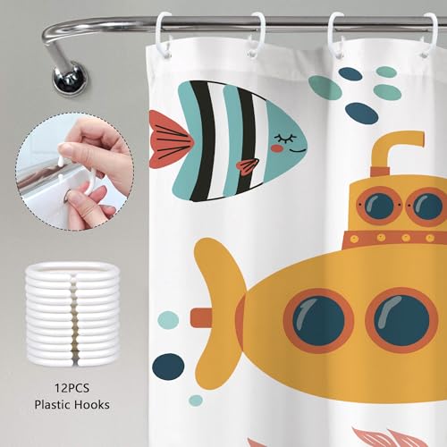 Kids Shower Curtain Ocean Cute Cartoon Whale Funny Kid Bathroom Set Underwater Coastal Submarine Fish Animal Nursery Baby Boys Girls Children 72Wx72H Bath Curtain Fabric Polyester 12 Pack Hooks - color: A 01ocean, size: 72"W x 72"L (Pack of 1)