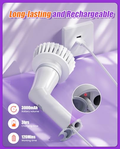 5-Head Electric Spin Scrubber, Shower Brush, Extension Handle | cordless power scrubber, adjustable reach, two speed control, IPX7 waterproof, bathroom floor, tile grout, tub edges, shower - size: 5heads