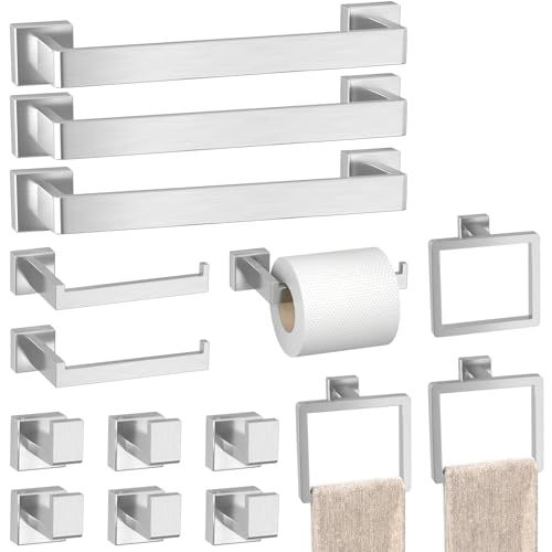 Bathroom Accessories Towel Bar Set: 15 Pieces Brushed Nickel Square Bathroom Hardware SUS304 Stainless Steel - Wall Mounted Towel Rack&Toilet Paper Holder&Towel Ring and Towel Hook - color: Brushed Nickel, size: 16inch 15 Pieces