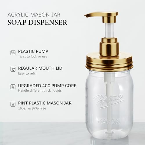 Amolliar Plastic Mason Jar Soap Dispenser with Pump Lid,16OZ Refillable BPA-Free Hand Soap Dispenser Set with Cute Lables - for Kitchen/Bathroom, Liquid Soap, Dish Soap, Lotion (2 Pack, Gold) - color: Gold