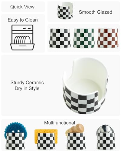 Zoeeker Checkered Kitchen Sink Sponge Holder, Dish Sponge Rack Ceramic Brush Holder Farmhouse Kitchen Drying Rack for Brush, Scrubbers, Bathroom, Sink, Black and White - color: Black and White, size: Cylindrical