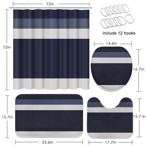 Striped Blue Shower Curtain Set with Toilet Lid Cover and Non-Slip Rugs for Bathroom, Minimalist Navy Geometric 4 Pcs Shower Curtain, Modern Bathroom Set with 12 Hooks - color: Stripes Dark Blue